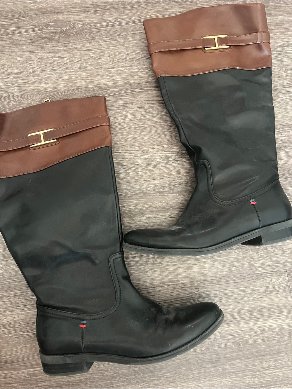 Tommy Hilfiger Black and Brown Tall Riding Boots